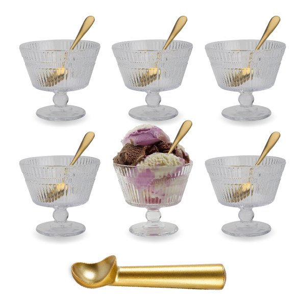 סט 6 גביעי זכוכית לקינוחים עם כפיות מוזהבות וכף גלידה